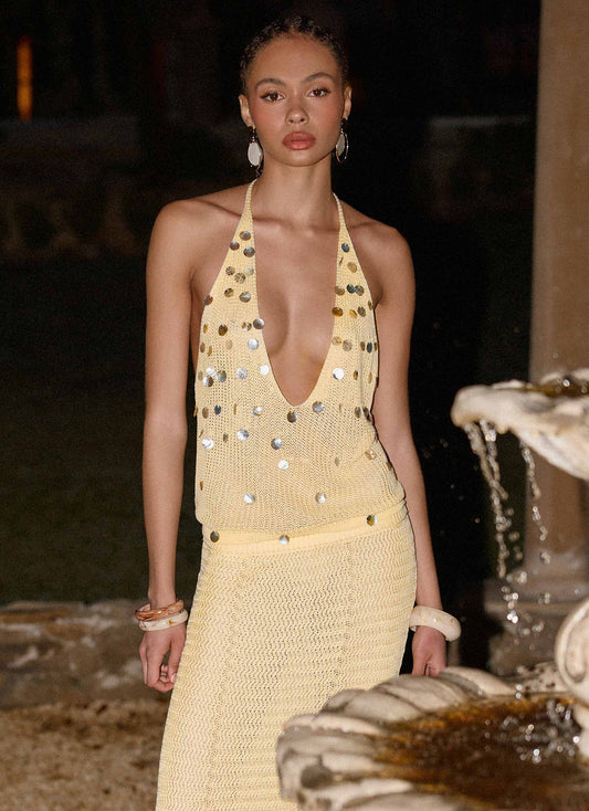 Adelaida Beaded Crochet Top - Yellow