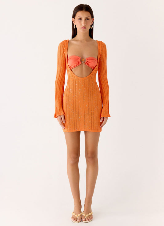 Estrella Long Sleeve Knit Mini Dress - Orange