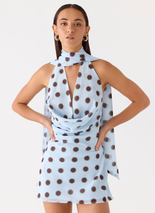 Get Me Halter Mini Dress - Blue Mocha Dot